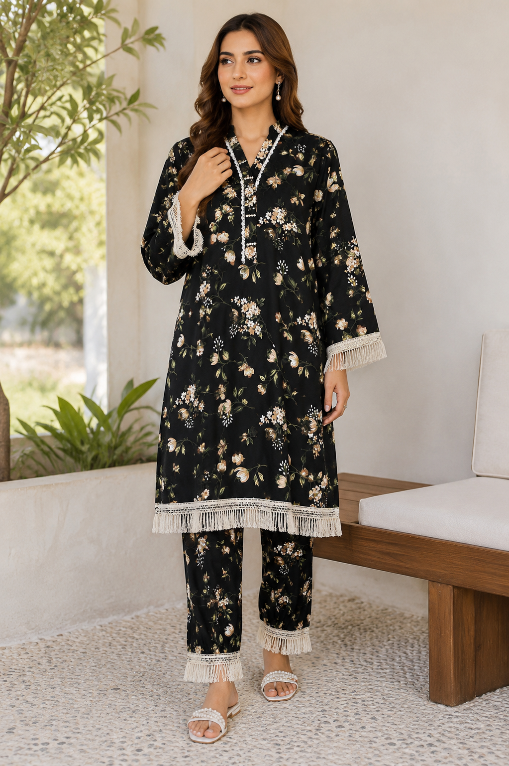 Black Floral 2-Piece Stitched Suit