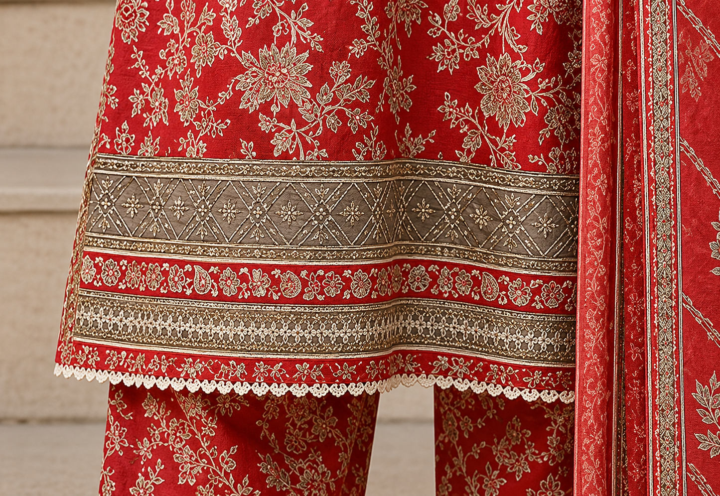 Premium Stitched 3-Piece |Coral Red Floral