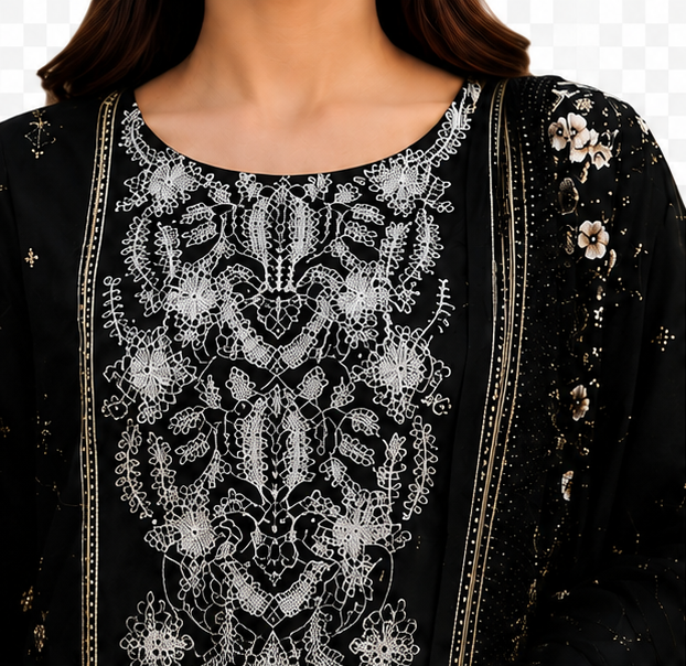 Premium Unstitched 3-Piece |Jet Black with Ivory White