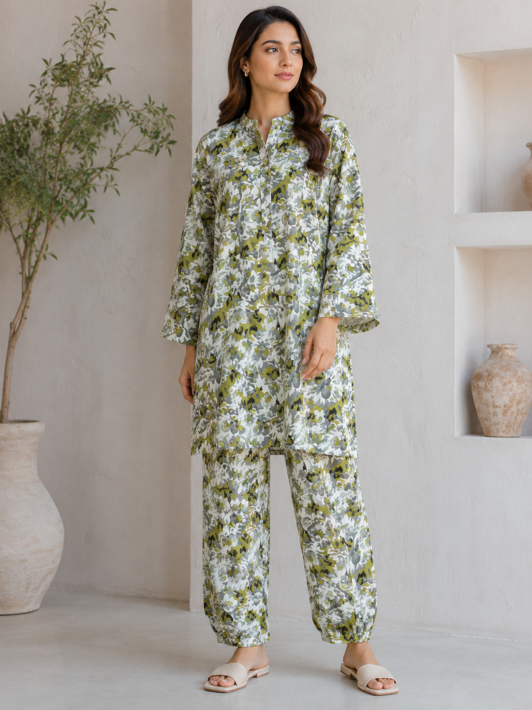 Comfortable Grey & Olive Floral Shirt & Trouser