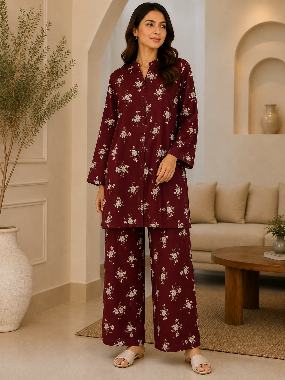 Burgundy Floral Shirt & Trouser