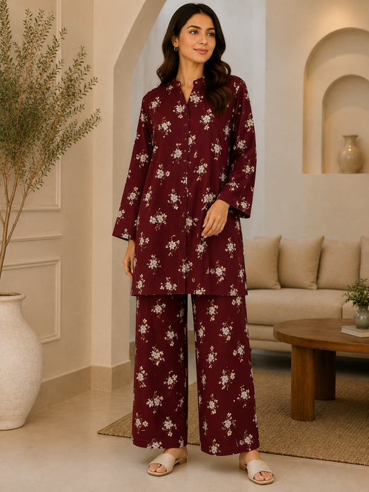 Burgundy Floral Shirt & Trouser
