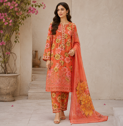 Premium Stitched 3-Piece | Elegant Coral Orange Floral