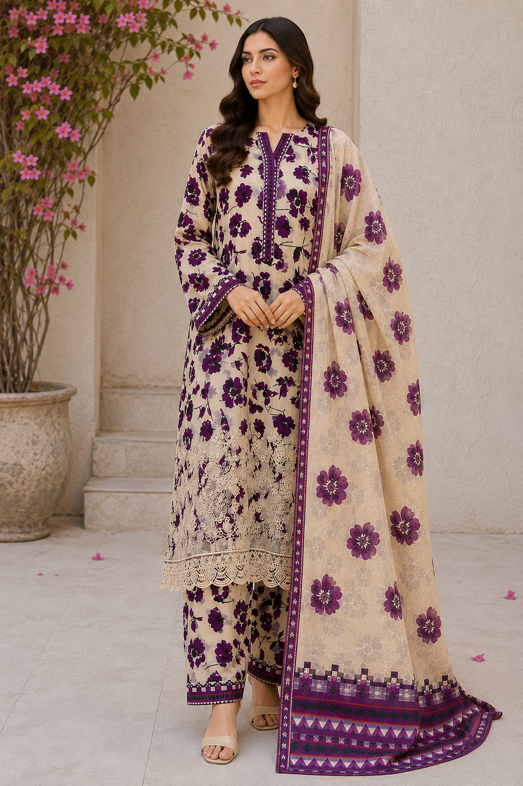 Premium Stitched 3-Piece | Ivory & Plum Floral
