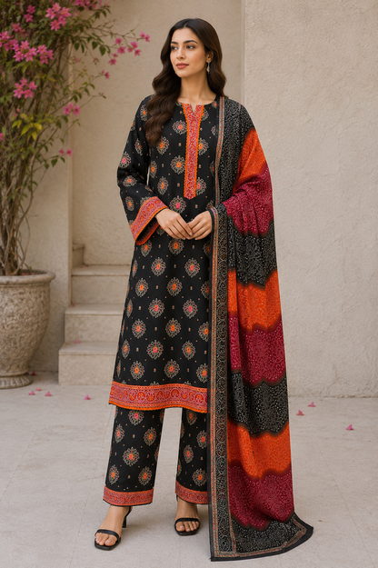 Premium Stitched 3-Piece | Black & Crimson Embroidered