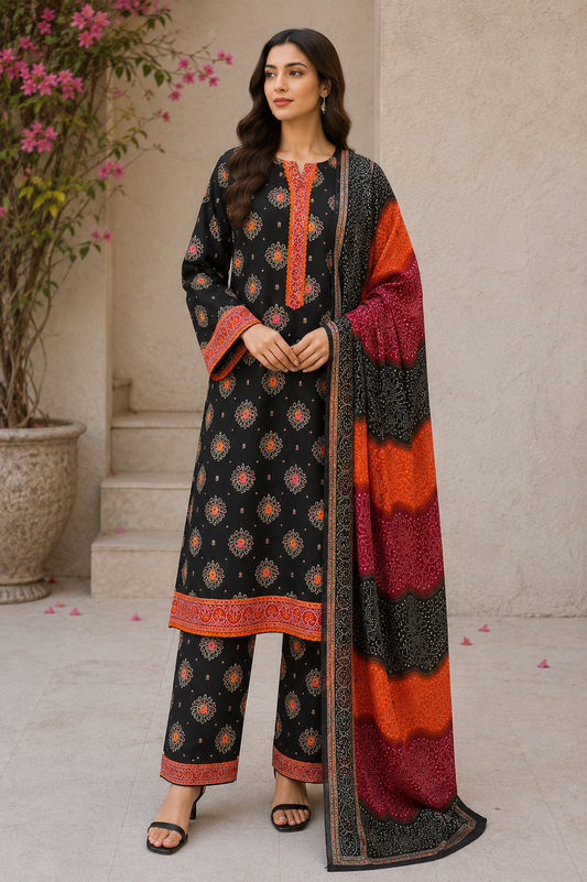 Premium Stitched 3-Piece | Black & Crimson Embroidered