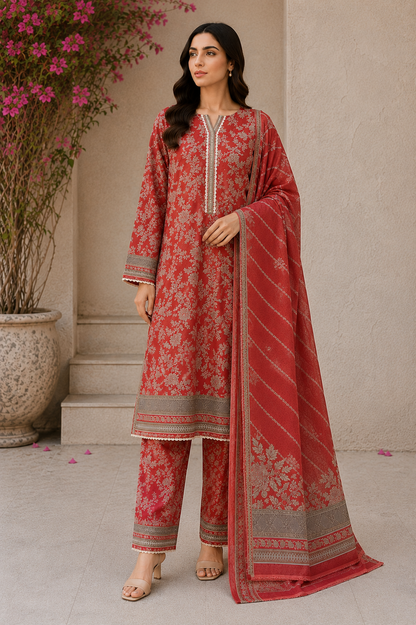 Premium Stitched 3-Piece |Coral Red Floral