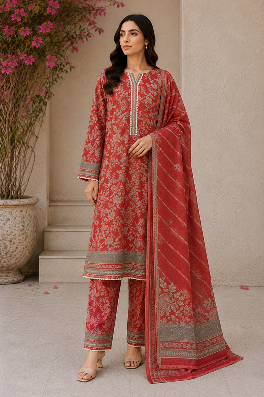 Premium Stitched 3-Piece |Coral Red Floral
