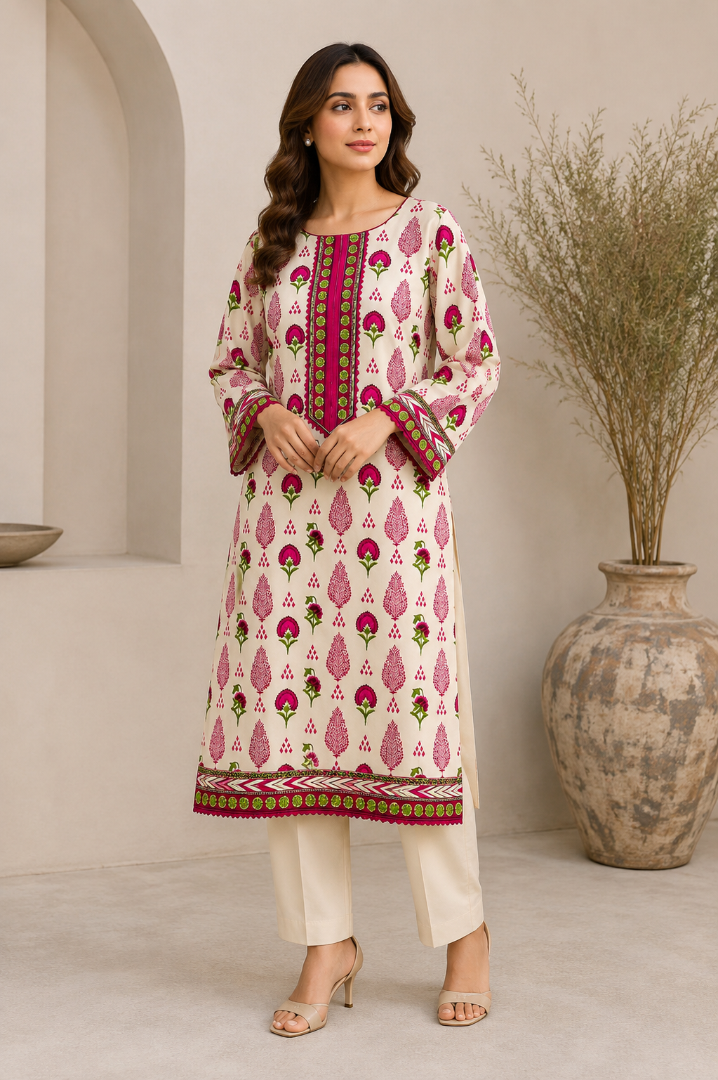 Ivory & Magenta Floral 2-Piece Suit