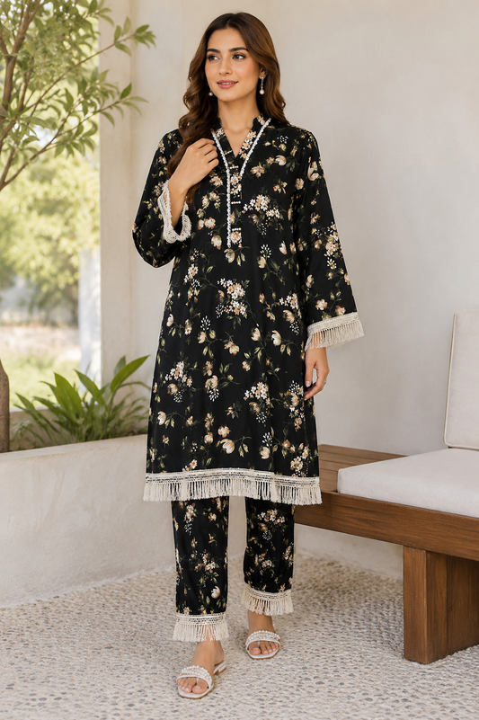 Black Floral 2-Piece Stitched Suit