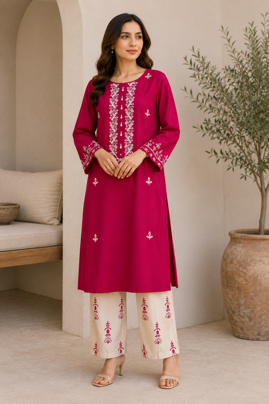 Fuchsia Pink Embroidered 2-Piece Suit