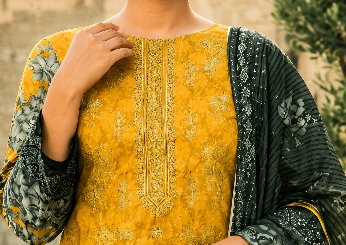 Premium Stitched 3-Piece /  Mustard Yellow + Deep Charcoal Green + Grey &amp; White Floral Accents
