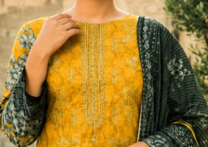 Premium Stitched 3-Piece /  Mustard Yellow + Deep Charcoal Green + Grey &amp; White Floral Accents
