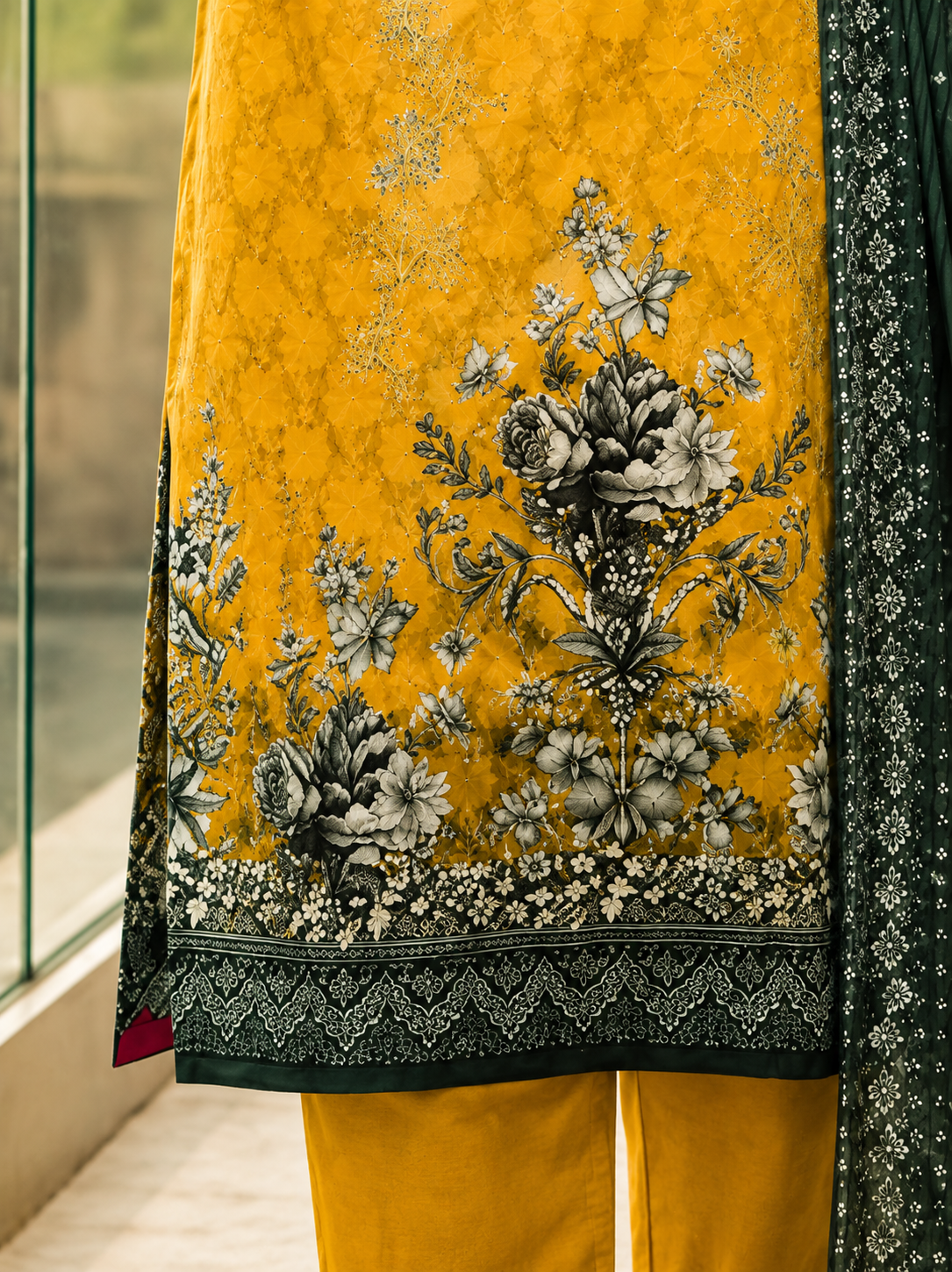 Premium Stitched 3-Piece /  Mustard Yellow + Deep Charcoal Green + Grey &amp; White Floral Accents