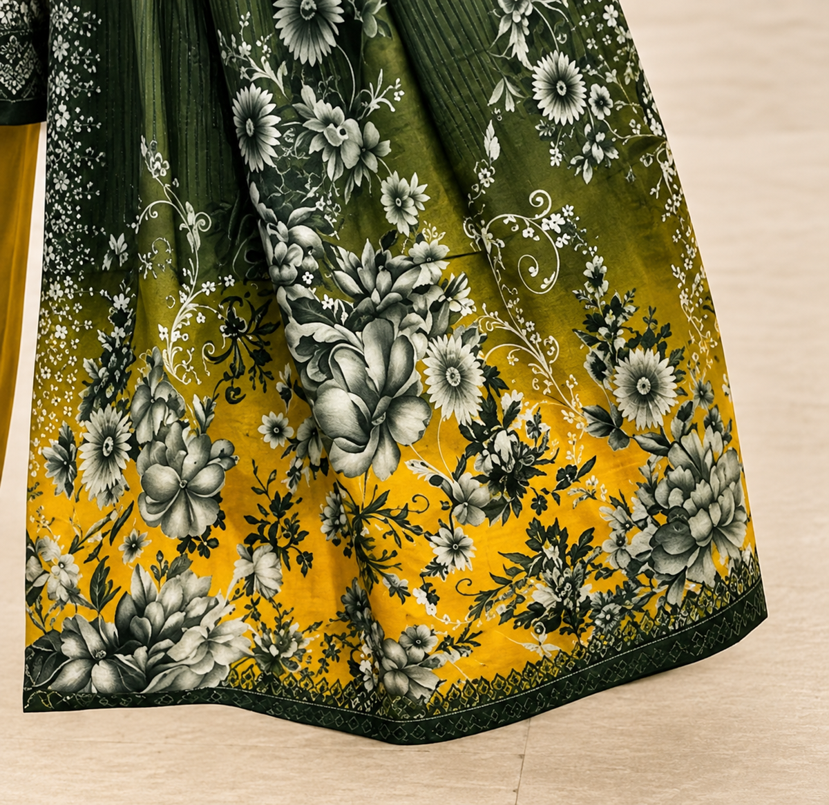 Premium Stitched 3-Piece /  Mustard Yellow + Deep Charcoal Green + Grey &amp; White Floral Accents