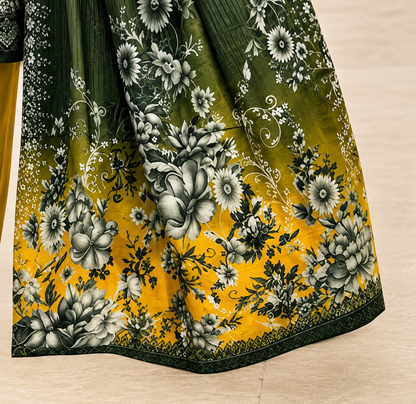 Premium Stitched 3-Piece /  Mustard Yellow + Deep Charcoal Green + Grey &amp; White Floral Accents