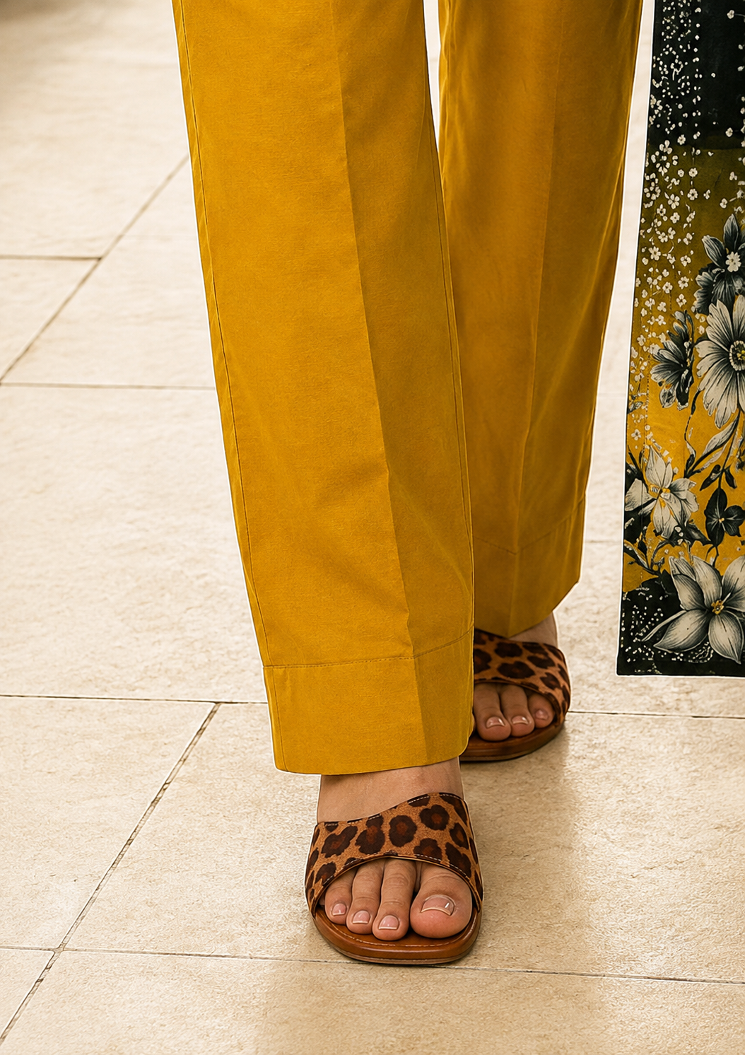Premium Stitched 3-Piece /  Mustard Yellow + Deep Charcoal Green + Grey &amp; White Floral Accents