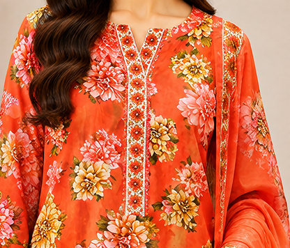 Premium Stitched 3-Piece | Elegant Coral Orange Floral