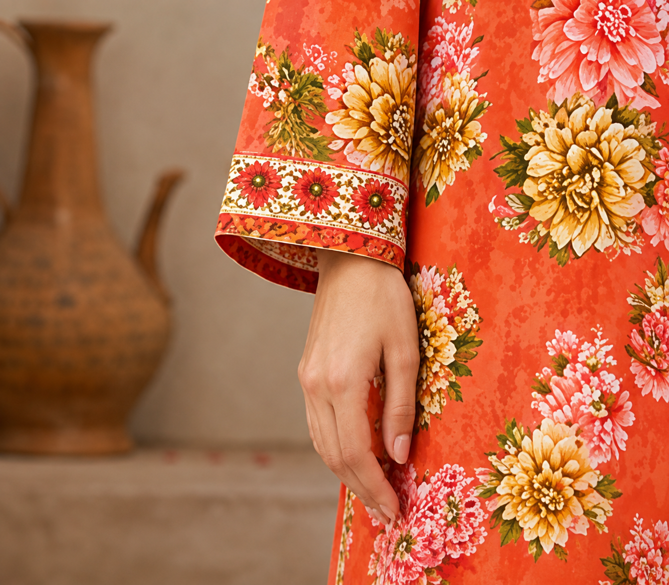 Premium Stitched 3-Piece | Elegant Coral Orange Floral
