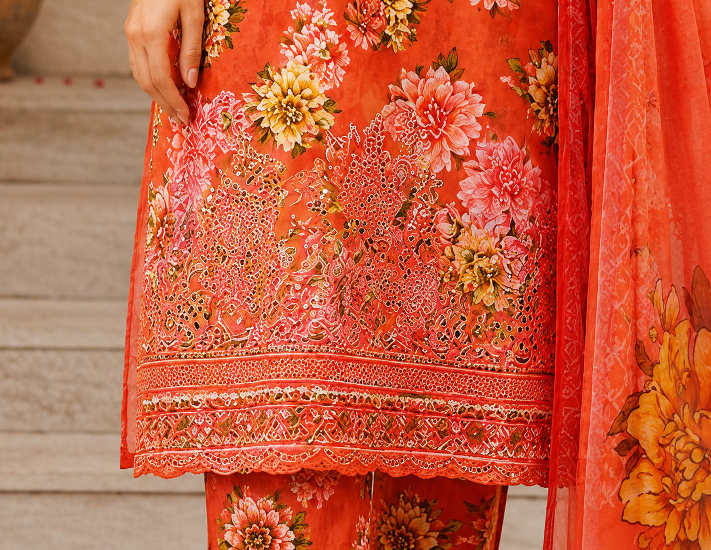 Premium Stitched 3-Piece | Elegant Coral Orange Floral