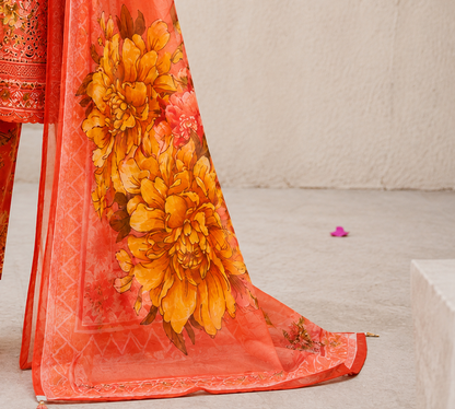 Premium Stitched 3-Piece | Elegant Coral Orange Floral