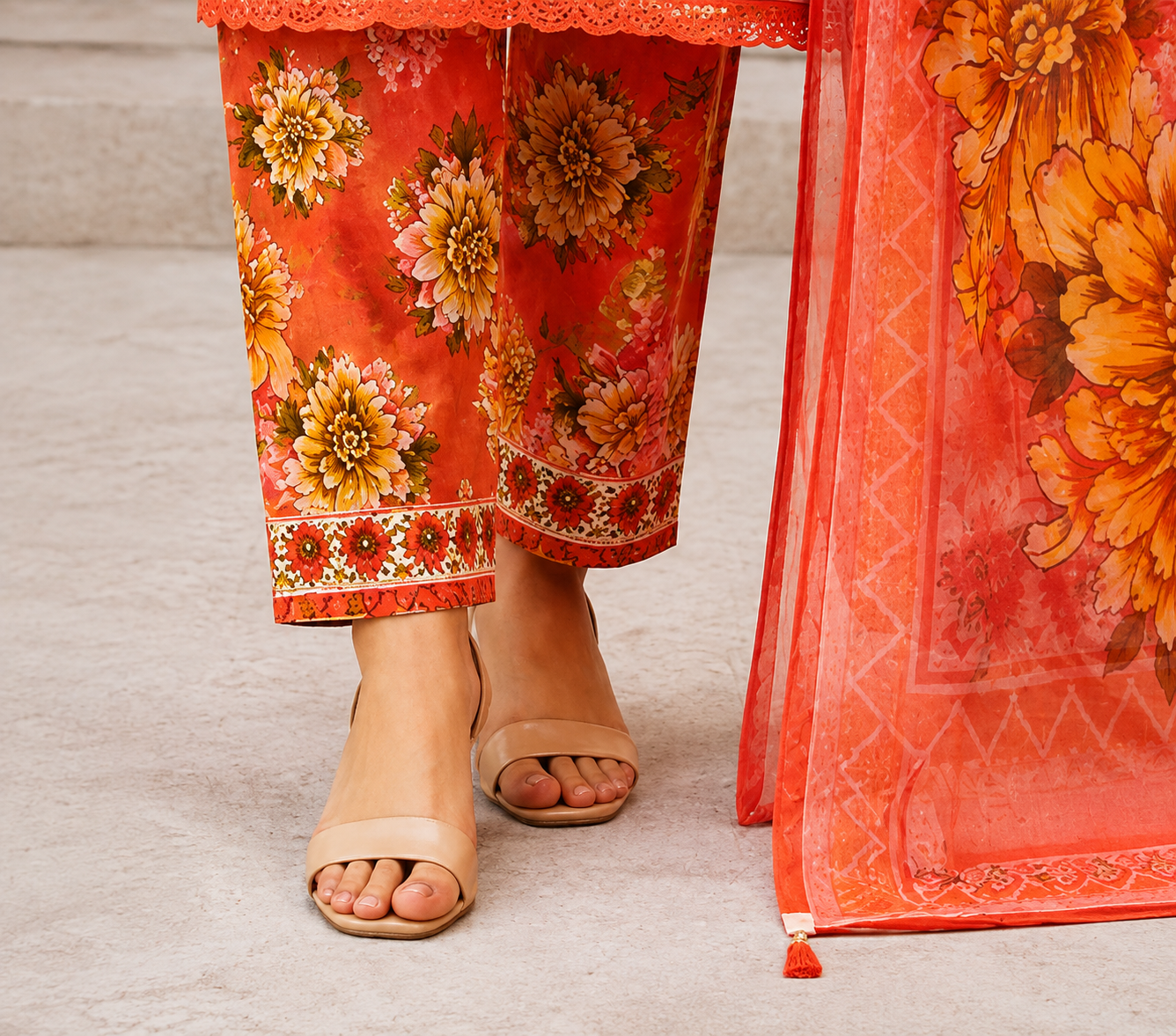 Premium Stitched 3-Piece | Elegant Coral Orange Floral