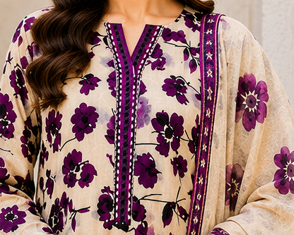 Premium Stitched 3-Piece | Ivory & Plum Floral