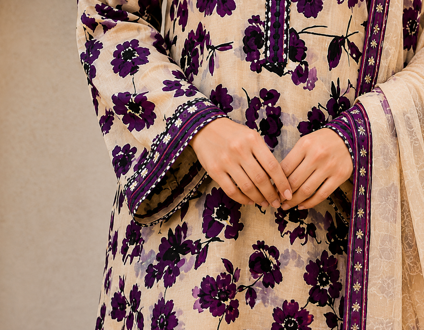 Premium Stitched 3-Piece | Ivory & Plum Floral