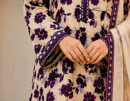Premium Stitched 3-Piece | Ivory & Plum Floral