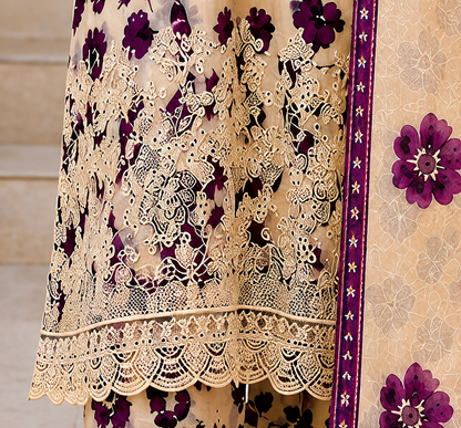 Premium Stitched 3-Piece | Ivory & Plum Floral