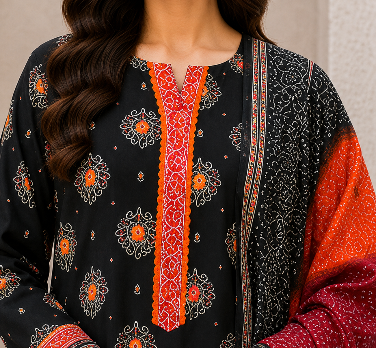 Premium Stitched 3-Piece | Black & Crimson Embroidered