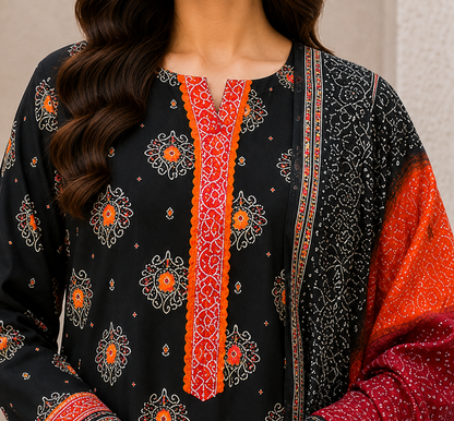 Premium Stitched 3-Piece | Black & Crimson Embroidered