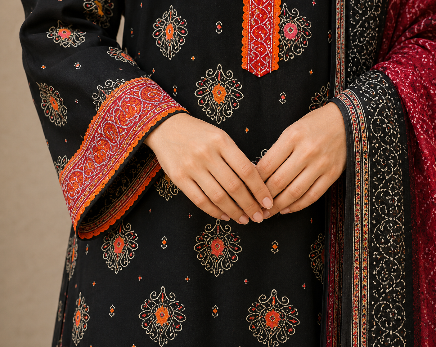 Premium Stitched 3-Piece | Black & Crimson Embroidered