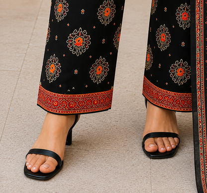 Premium Stitched 3-Piece | Black & Crimson Embroidered
