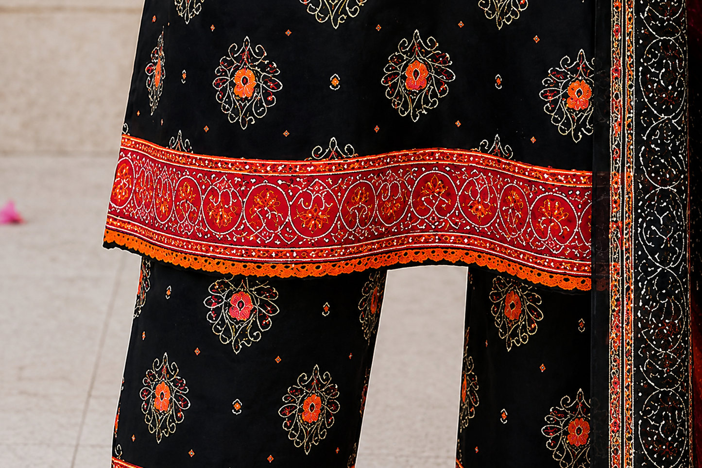 Premium Stitched 3-Piece | Black & Crimson Embroidered