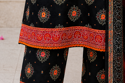 Premium Stitched 3-Piece | Black & Crimson Embroidered