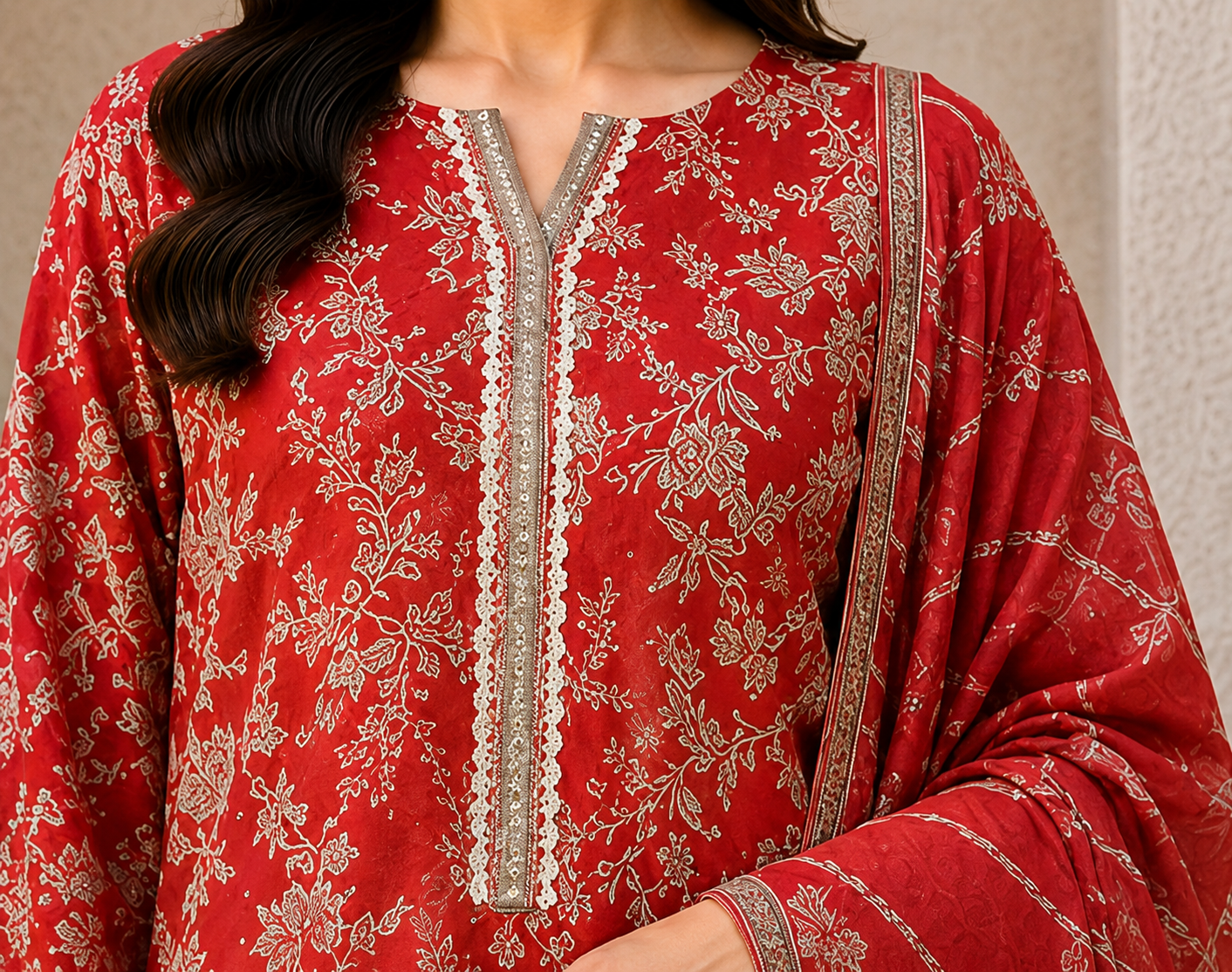 Premium Stitched 3-Piece |Coral Red Floral