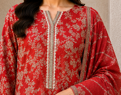 Premium Stitched 3-Piece |Coral Red Floral