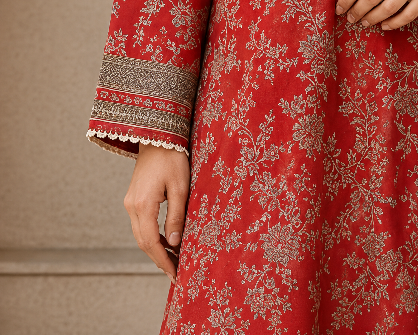 Premium Stitched 3-Piece |Coral Red Floral