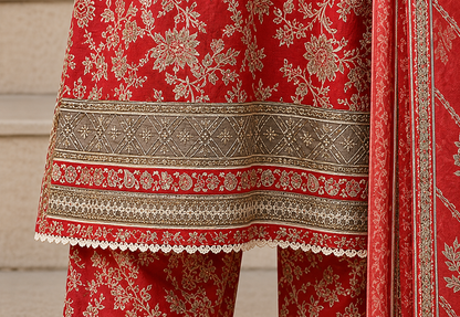 Premium Stitched 3-Piece |Coral Red Floral