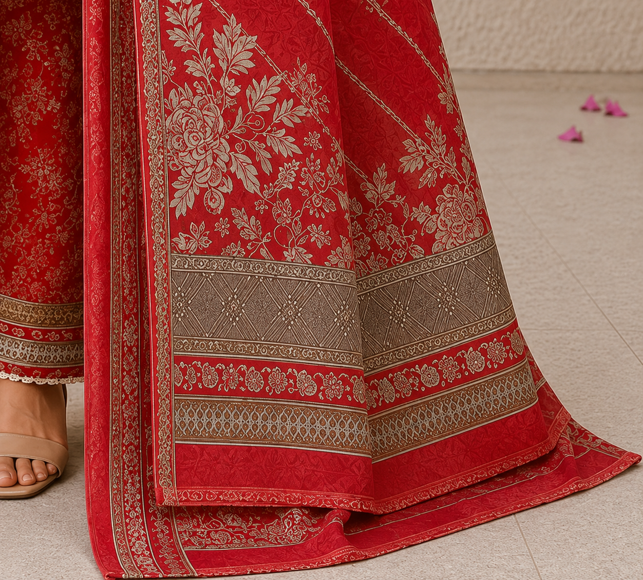 Premium Stitched 3-Piece |Coral Red Floral