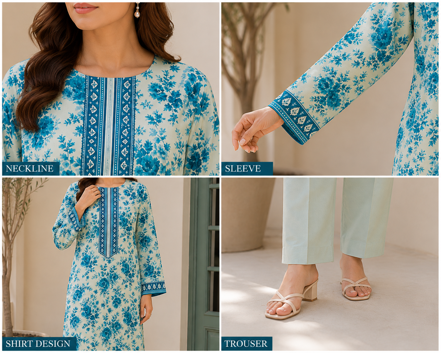 Premium Stitched 2-Piece |Ivory Aqua Floral