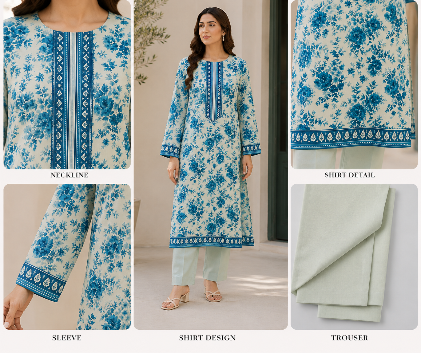 Premium Stitched 2-Piece |Ivory Aqua Floral