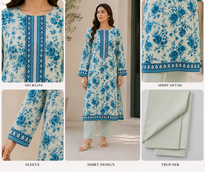 Premium Stitched 2-Piece |Ivory Aqua Floral