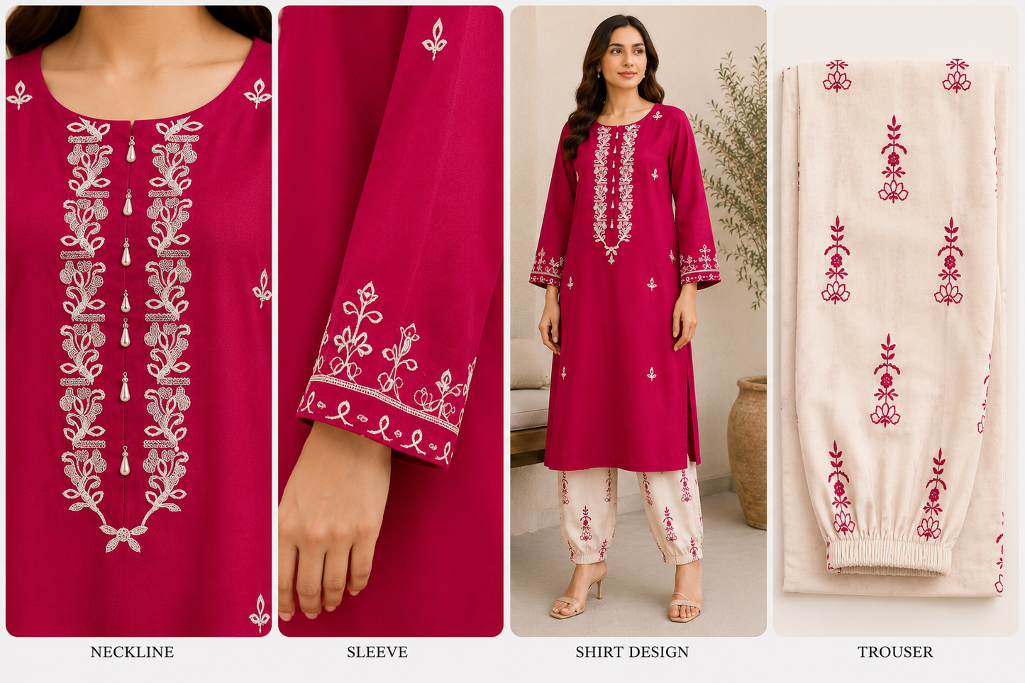 Fuchsia Pink Embroidered 2-Piece Suit